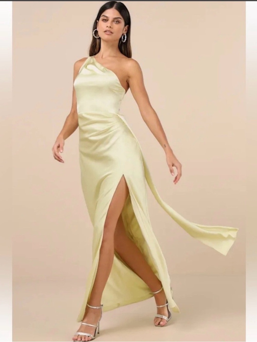 NWT Lulus One-Shoulder Satin Maxi Dress in Pale YELLOW